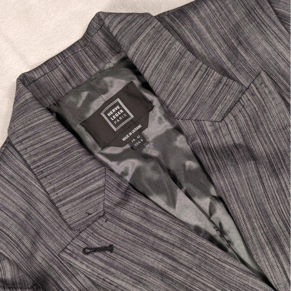 Herve Leger Paris Grey Herringbone Wool Blend Blazer Jacket Womens Size 8 FR 42
